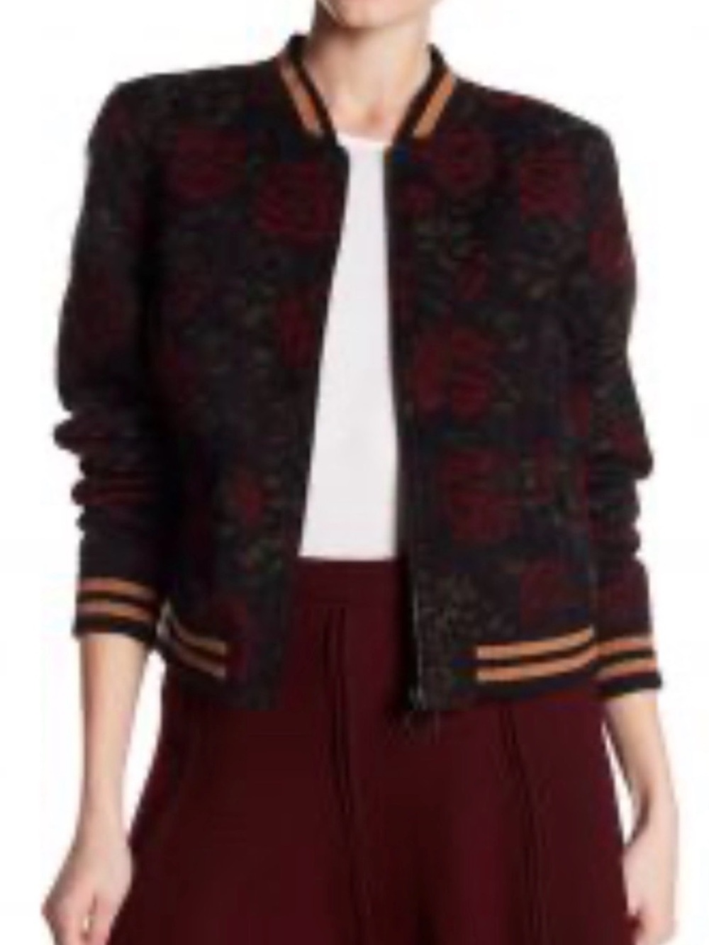 Sanctuary Black Bomber Jacket with Burgundy Floral and Tan Stripe Trim